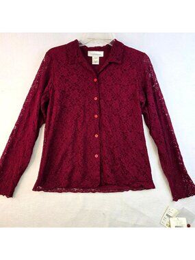 Vintage 90s Susan Bristol Sheer Lace Top S Red Wine Romantic Feminine Gala Glam